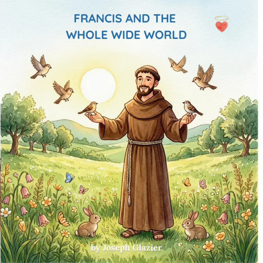 Cover of Francis and the Whole Wide World: Saint Francis in a brown robe in a sunny meadow, with birds, rabbits and a butterfly around him.